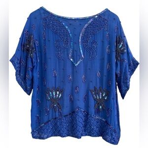 Royal Blue Blouse With Beaded Accents Pure Silk Embellished Women's Top Size S